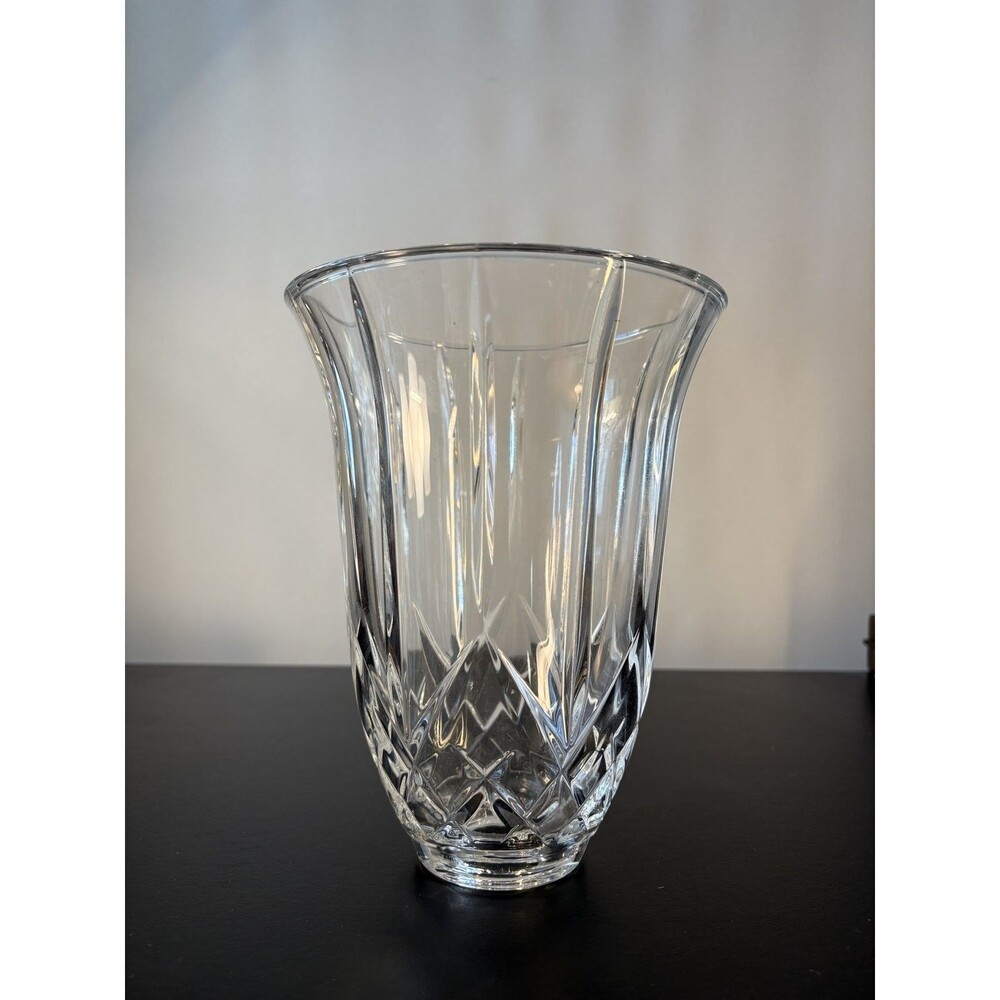 Crystal Vase 8 Inch Flared Fan Rim Cut Diamond Panel Clear Glass Heavy Base